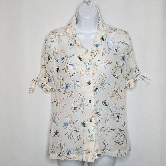 Vintage 2 Pc Tank Top Button Up Short Sleeve Blouse M Sheer Beige Leaves Floral - Picture 4 of 8